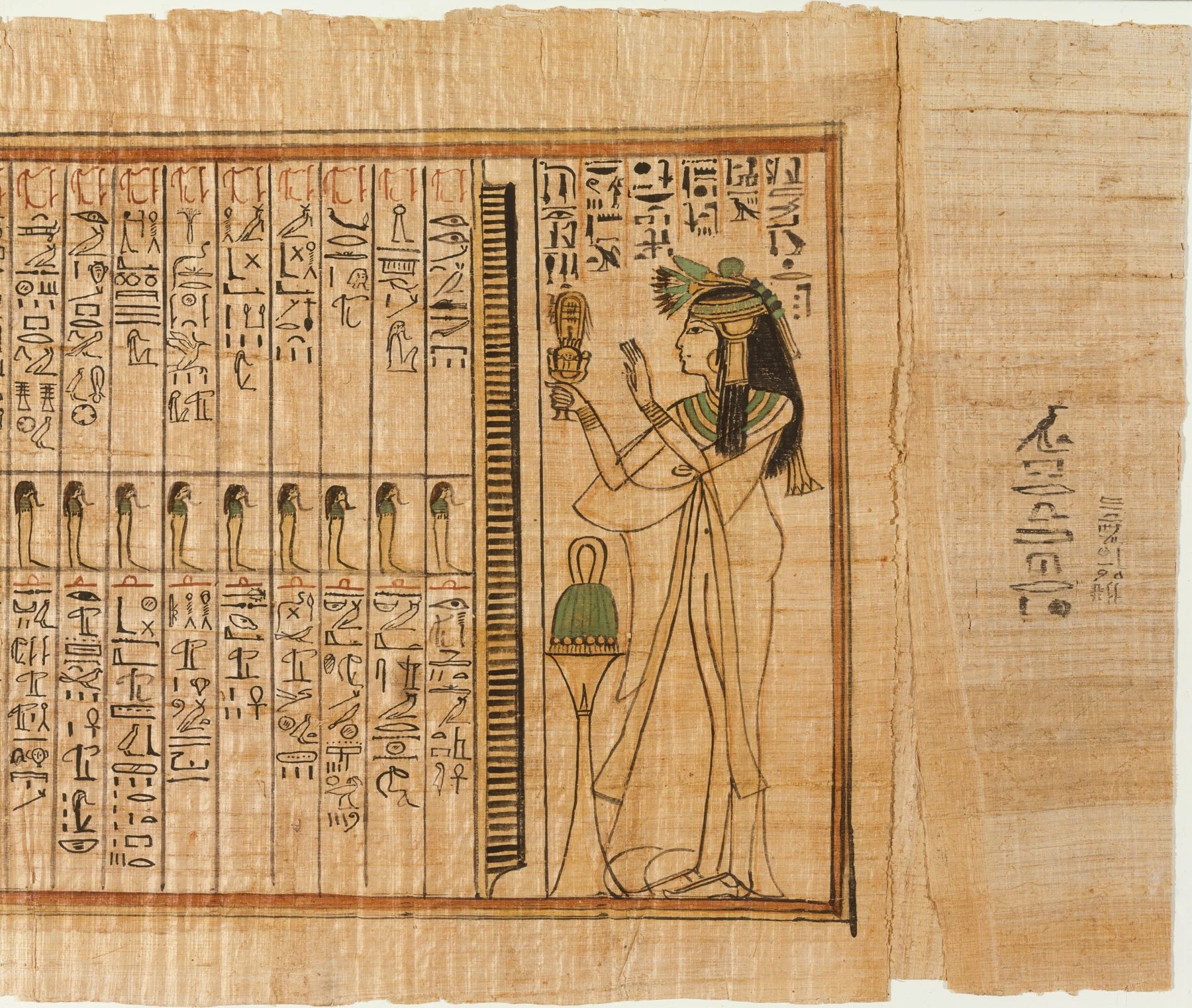 Unidentified ancient Egyptian artist or artists, Book of the Dead for the Chantress of Amun, Nauny — detail with Nauny and columns of text, ca. 1050 BCE