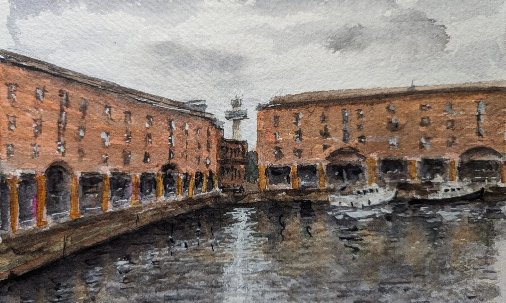 Ink and watercolour: Red-brick warehouses and reflections surround the water at Royal Albert Dock.