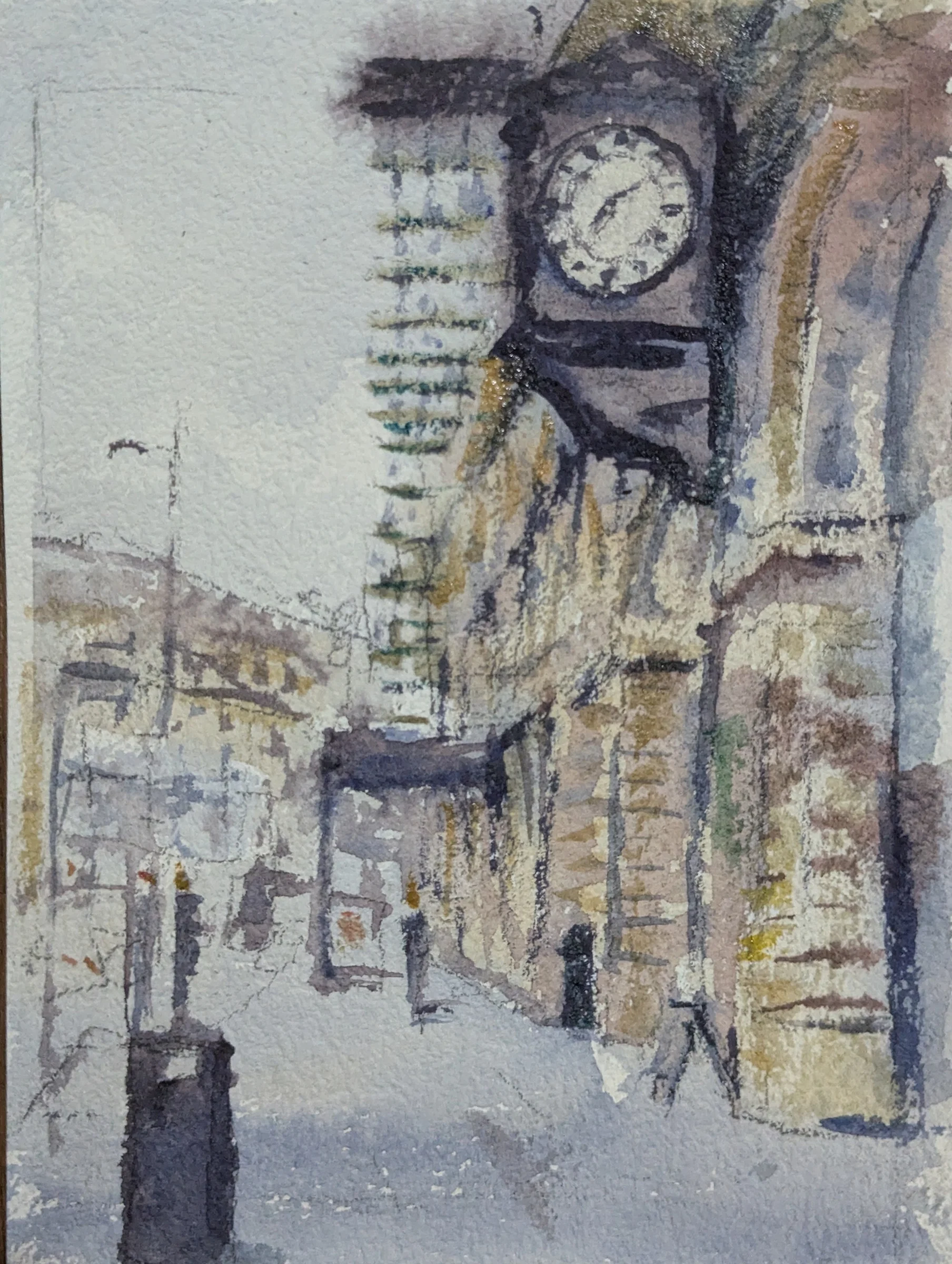 Ink and watercolour: An ornate projecting clock at Exchange Station, Liverpool, above the stone frontage.