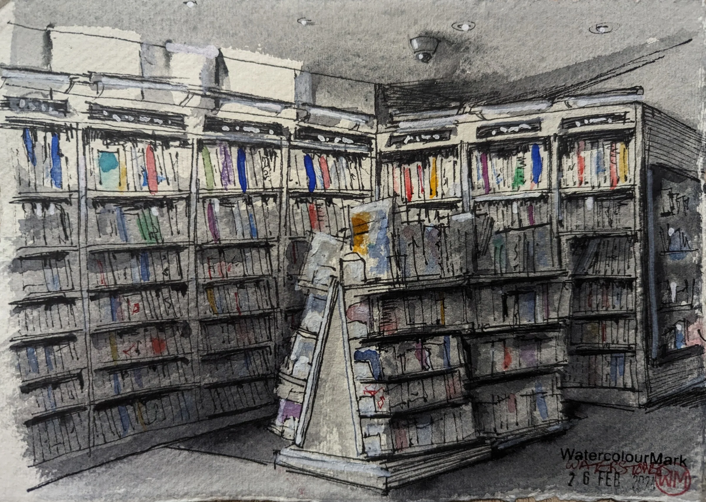 Ink and watercolour: Rows of books and display shelves in Waterstones, Liverpool, drawn in ink with touches of watercolour.