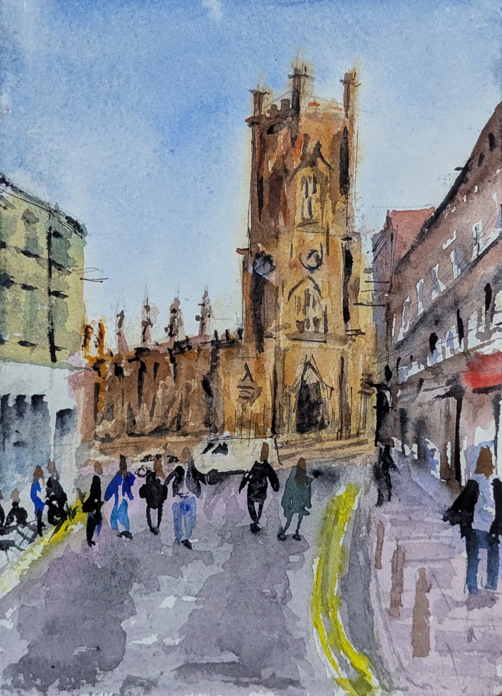 Ink and watercolour of St Luke’s, Liverpool’s Bombed Out Church, with pedestrians on the street below.