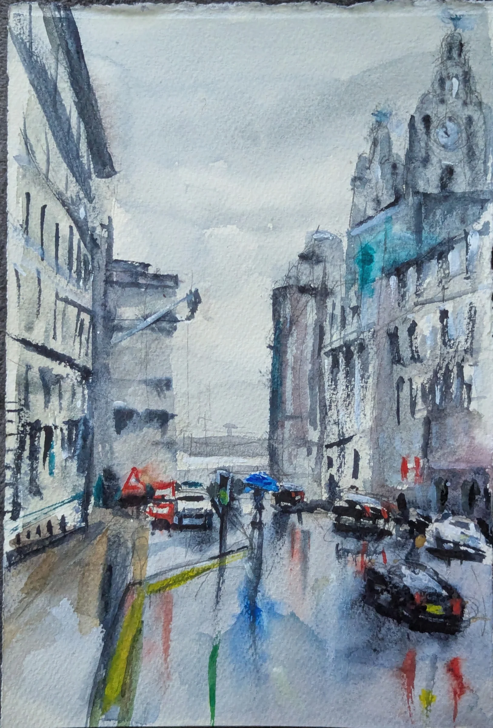 Ink and watercolour: Traffic, pedestrians and wet-street reflections lead towards the Royal Liver Building on Water Street.