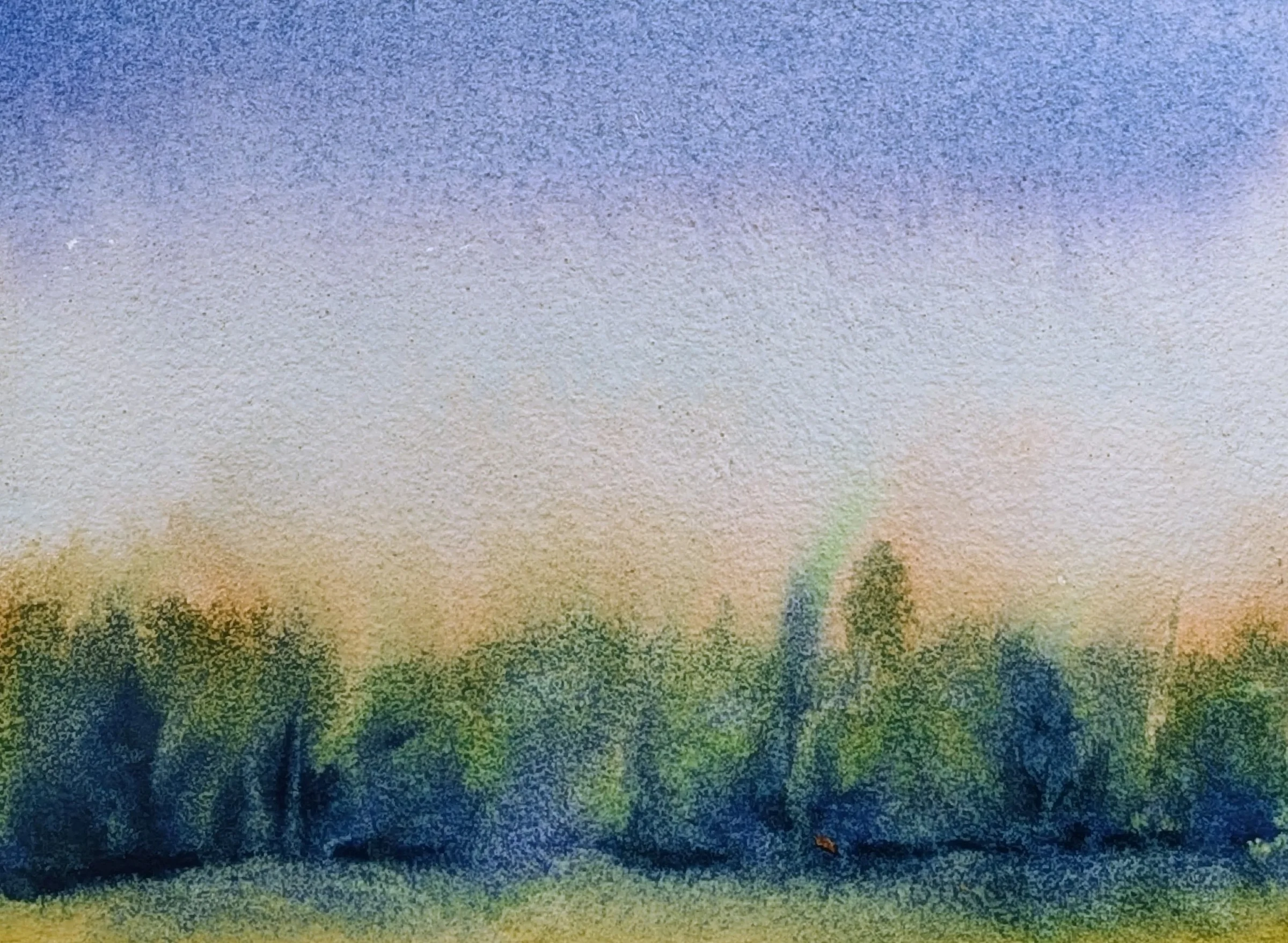 Ink and watercolour: Soft washes of blue, green and gold above a distant treeline.