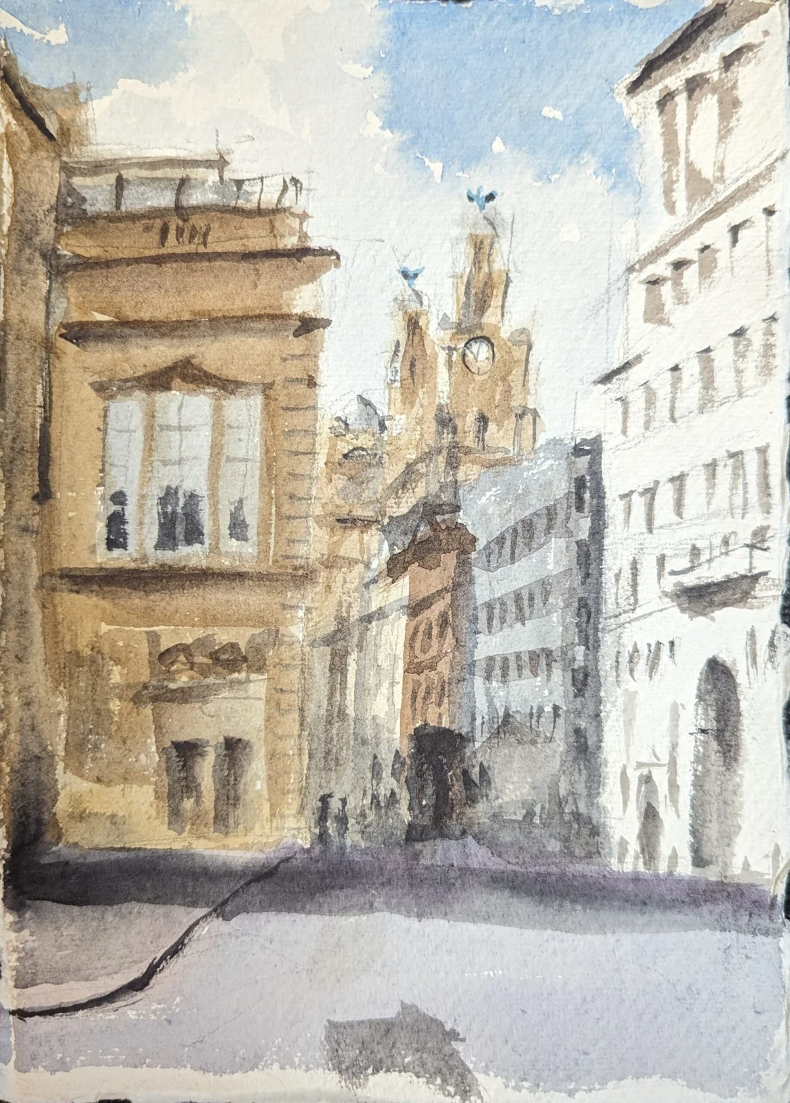 Ink and watercolour: A view west along Water Street between tall stone buildings towards the Royal Liver Building.